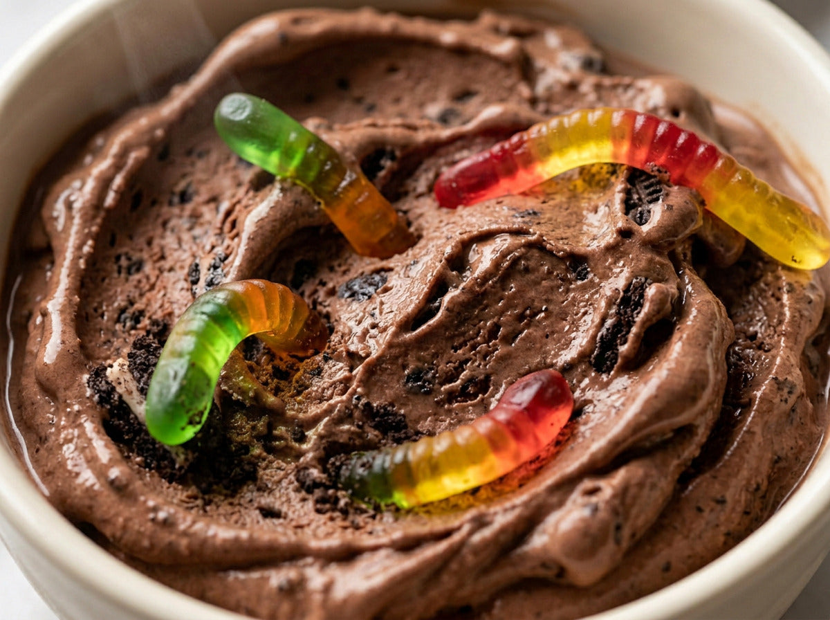 Graveyard Dirt Cup Ninja Creami recipe made with CRUSHS chocolate protein ice cream mix, crushed chocolate sandwich cookies, and gummy worms.