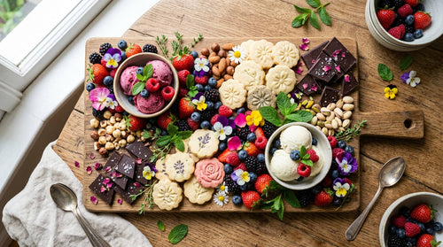 Overhead view of a healthy dessert board for Mother's Day with fresh berries, cookies, dark chocolate, and edible flowers.