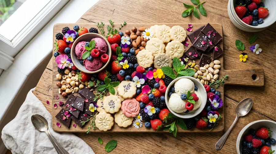 Overhead view of a healthy dessert board for Mother's Day with fresh berries, cookies, dark chocolate, and edible flowers.