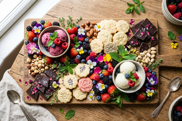 Overhead view of a healthy dessert board for Mother's Day with fresh berries, cookies, dark chocolate, and edible flowers.