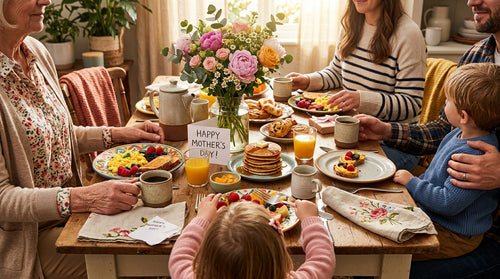 A warm family brunch table with flowers, pancakes, fruit, and a Happy Mother's Day card as part of how to celebrate Mother's Day at home.