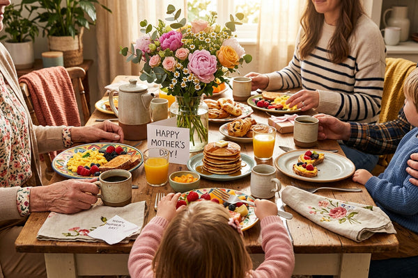 A warm family brunch table with flowers, pancakes, fruit, and a Happy Mother's Day card as part of how to celebrate Mother's Day at home.