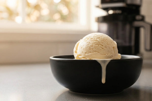 A creamy dense scoop of vanilla protein ice cream in a sleek black bowl slightly melting showing the finished result of how to make protein ice cream Ninja Creami style with the right base and respin.