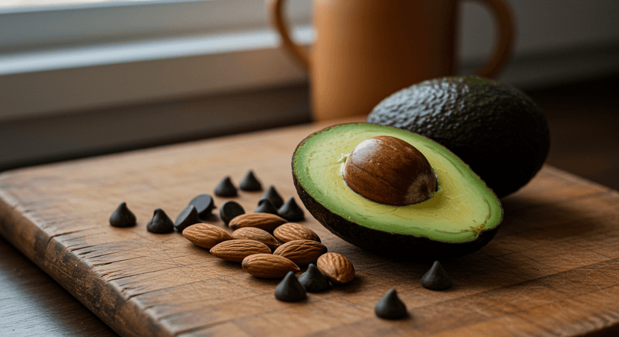 Keto-friendly ingredients including avocado, almonds, and dark chocolate chips on a wooden cutting board