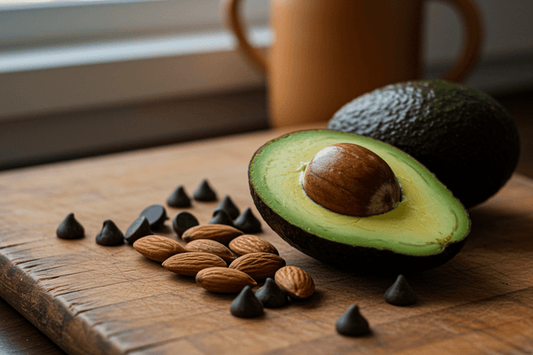 Keto-friendly ingredients including avocado, almonds, and dark chocolate chips on a wooden cutting board