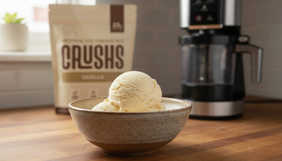 A creamy pint of CRUSHS keto ice cream made with the Ninja Creami.