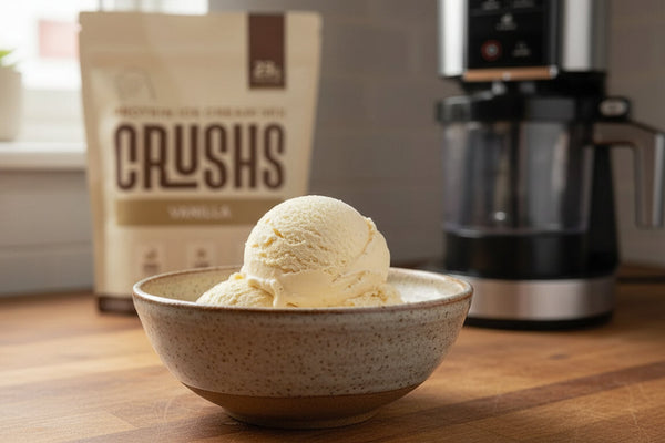 A creamy pint of CRUSHS keto ice cream made with the Ninja Creami.