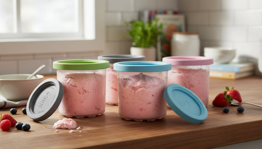 Multiple Ninja Creami pint containers lined up showing the most essential ninja creami accessories for batch prepping different flavors in advance.