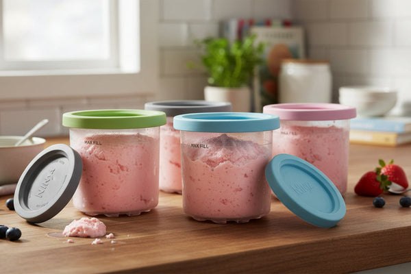 Multiple Ninja Creami pint containers lined up showing the most essential ninja creami accessories for batch prepping different flavors in advance.
