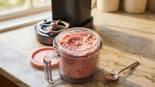 An opened Ninja Creami pint container showing a crumbly powdery strawberry texture on top with a Ninja Creami machine blurred in the background representing the ninja creami too crumbly problem most people run into.