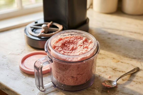 An opened Ninja Creami pint container showing a crumbly powdery strawberry texture on top with a Ninja Creami machine blurred in the background representing the ninja creami too crumbly problem most people run into.