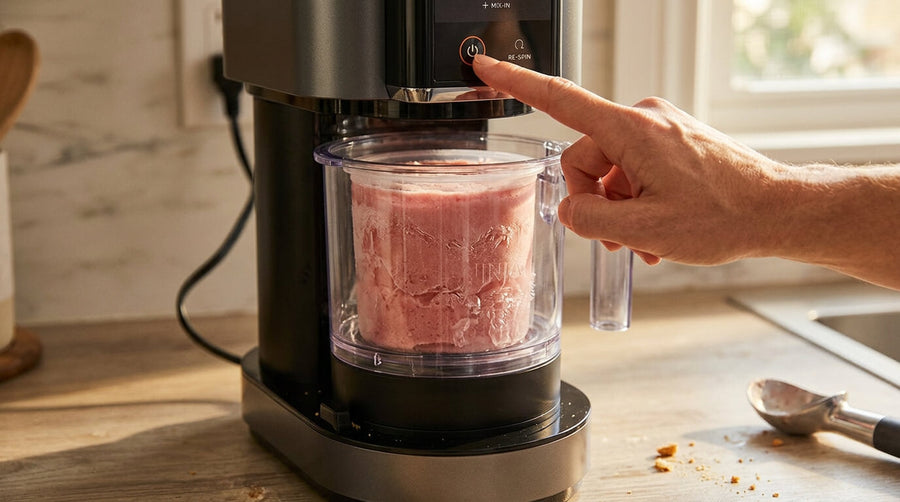A hand pressing the start button on a Ninja Creami machine with a frozen strawberry pint visible inside representing the moment when a ninja creami too hard to spin problem stops the machine before processing begins.