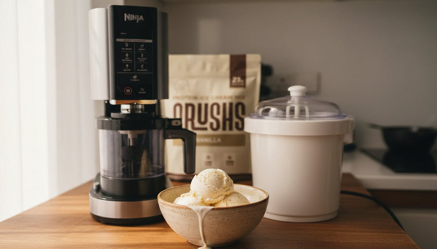 A Ninja Creami machine beside a traditional ice cream maker on a kitchen counter representing the ninja creami vs ice cream maker comparison for home use.