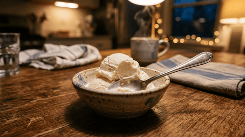 Bowl of creamy ice cream with a spoon on a wooden table with a warm glowing cup in the background, representing protein ice cream as a before-bed recovery snack.