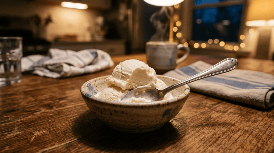 Bowl of creamy ice cream with a spoon on a wooden table with a warm glowing cup in the background, representing protein ice cream as a before-bed recovery snack.