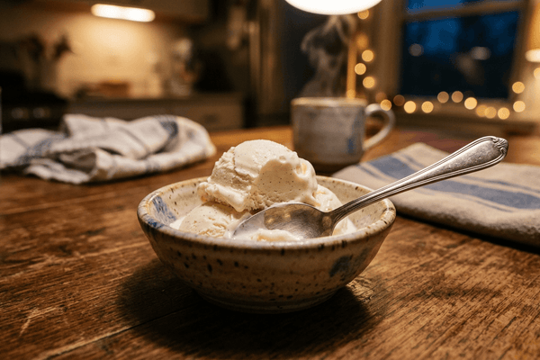 Bowl of creamy ice cream with a spoon on a wooden table with a warm glowing cup in the background, representing protein ice cream as a before-bed recovery snack.
