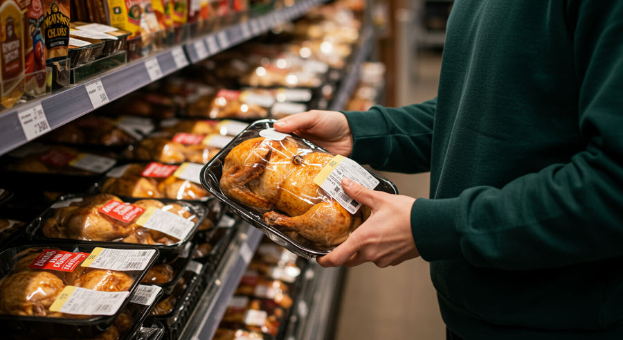 A person's hands picking up a packaged rotisserie chicken from a grocery store shelf showing the most protein-dense option among ready-made high protein meals for busy people.