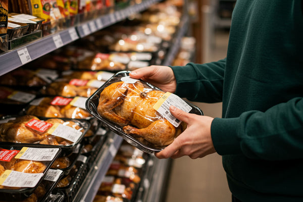 A person's hands picking up a packaged rotisserie chicken from a grocery store shelf showing the most protein-dense option among ready-made high protein meals for busy people.