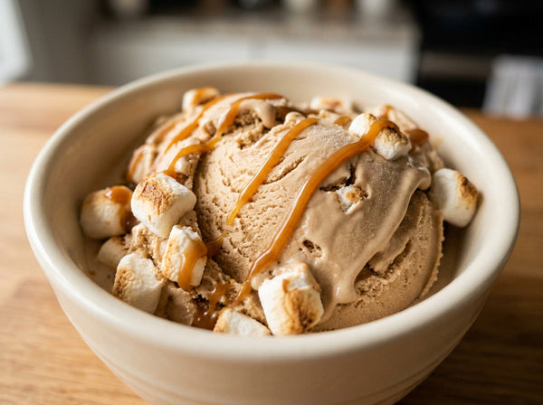 Toasted Marshmallow Latte Ninja Creami recipe made with CRUSHS cold brew protein ice cream mix, toasted mini marshmallows, and a caramel drizzle.