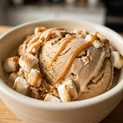 Toasted Marshmallow Latte Ninja Creami recipe made with CRUSHS cold brew protein ice cream mix, toasted mini marshmallows, and a caramel drizzle.