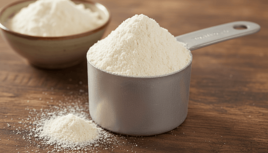 A metal scoop heaped with fine white milk protein isolate powder on a wooden surface, with loose powder dusted around it and a ceramic bowl blurred in the background.
