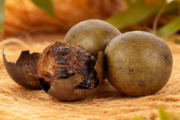 Whole and cracked open monk fruit on a warm natural surface, the natural sweetener source behind some of the cleanest monk fruit ice cream brands on the market.
