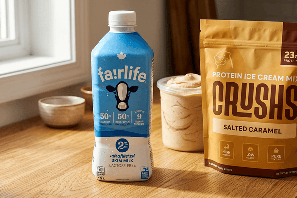 Fairlife 2% milk bottle next to a bag of CRUSHS protein ice cream mix on a wooden surface