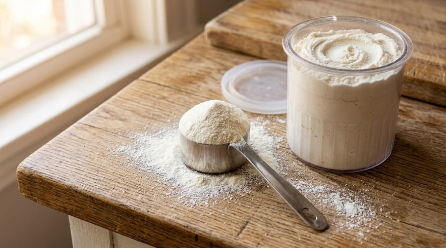 A metal scoop of fine white protein powder beside a Ninja Creami pint container on a wooden surface showing the process of choosing what protein powder to use Ninja Creami for a creamy consistent base.
