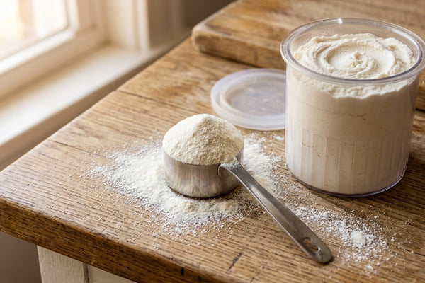 A metal scoop of fine white protein powder beside a Ninja Creami pint container on a wooden surface showing the process of choosing what protein powder to use Ninja Creami for a creamy consistent base.