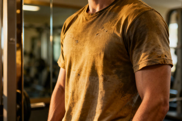 A person's torso visible in gym clothes standing in a gym representing the common frustration of why am i not seeing results from working out despite showing up consistently.