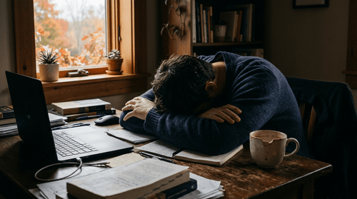 Person asleep at desk by window with laptop, asking "why do I crash after coffee?"