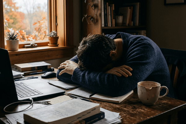Person asleep at desk by window with laptop, asking "why do I crash after coffee?"