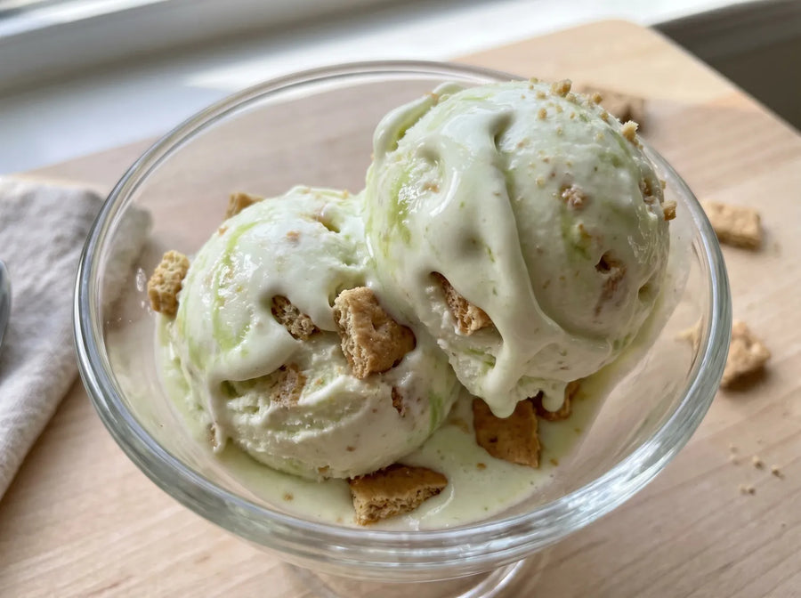 Key lime protein ice cream with graham cracker crumble as a low calorie Mother's Day dessert.