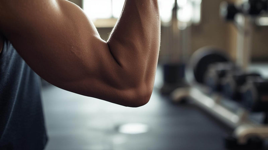 A close-up of a person's forearm and arm mid-curl with a dumbbell in a gym showing the muscle activation that protein ice cream muscle growth habits are designed to support.