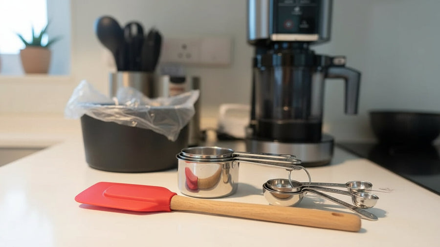 A flat lay of ninja creami accessories including extra pint containers lids and tools arranged on a wooden surface for home ice cream making.