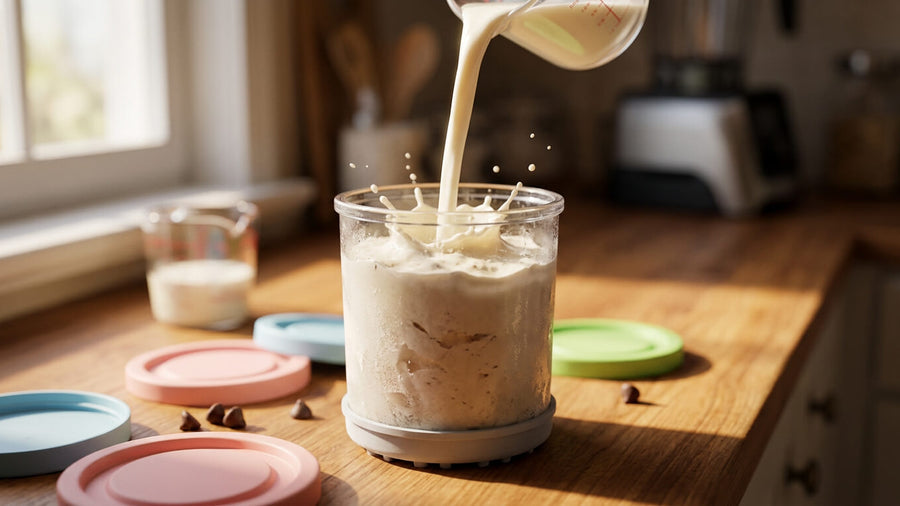 Milk being poured into the center of a frozen Ninja Creami ice cream pint to fix powdery texture.