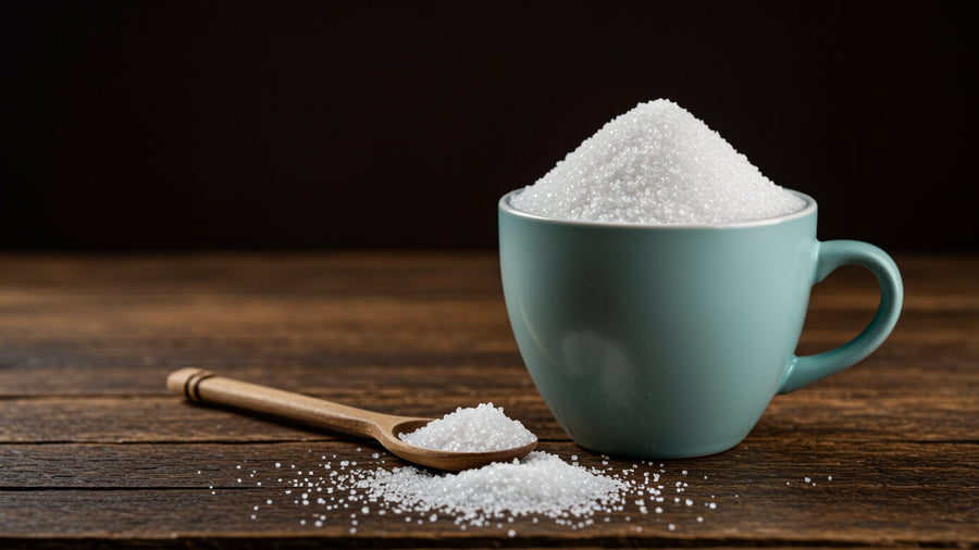 A close-up of allulose sugar crystals, a natural low-carb sweetener used in keto dessert mixes.