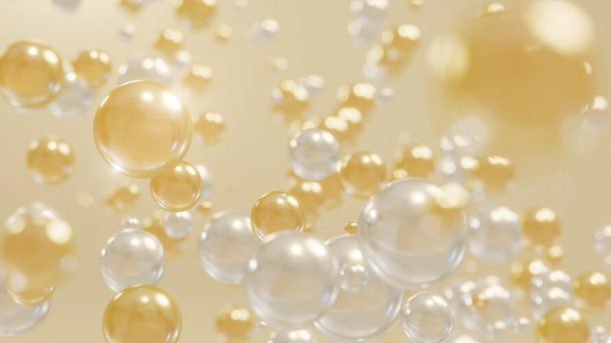 Close-up of golden amino acid molecules or protein structures, representing the amino acids released during casein protein digestion overnight for muscle recovery