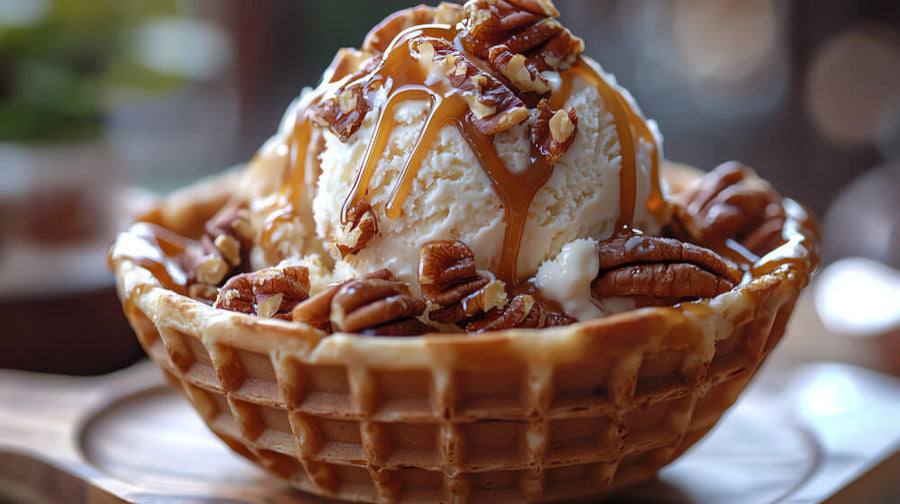 A creamy scoop of vanilla ice cream topped with caramel sauce and pecans on a waffle showing a successful mix-in result after proper ninja creami troubleshooting to avoid clumping and uneven texture.