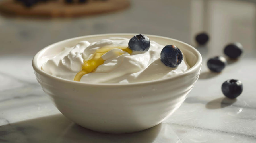 A bowl of thick creamy greek yogurt topped with fresh blueberries and a drizzle of honey representing a simple and effective high protein bedtime snack that digests slowly overnight.