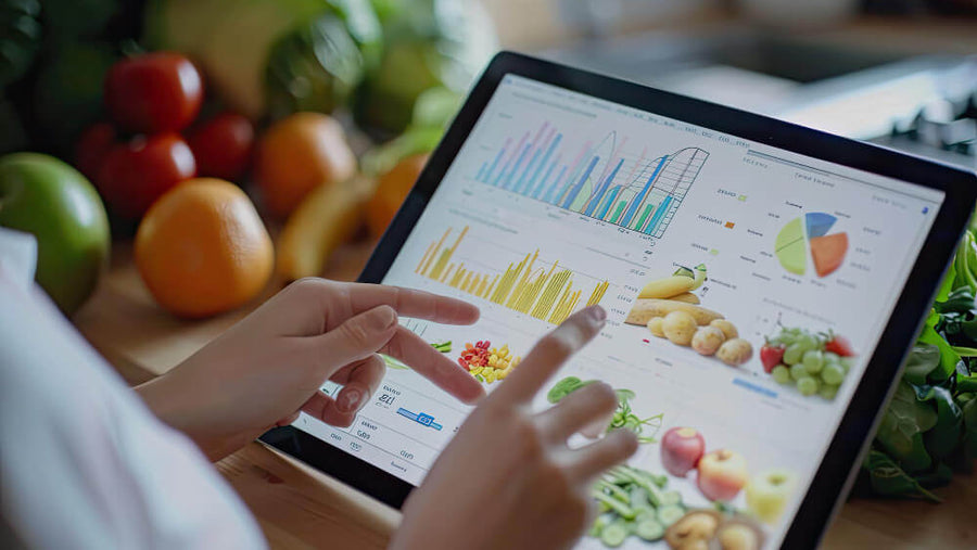 Person tapping a tablet showing a food tracking app with fruits and vegetables in the background.