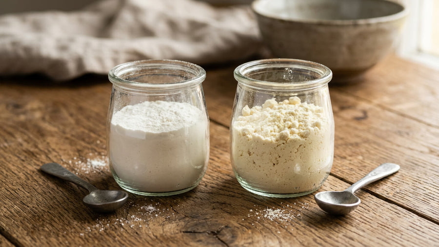 wo glass jars of protein powder side by side on a wooden surface showing the visual difference between casein and whey when deciding what protein powder to use Ninja Creami for the best texture results.