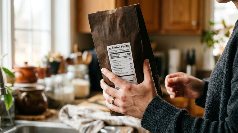 A person's hands visible holding a dark protein mix bag and reading the nutrition facts label in a kitchen representing the label checking process for finding the best protein ice cream mix for Ninja Creami.