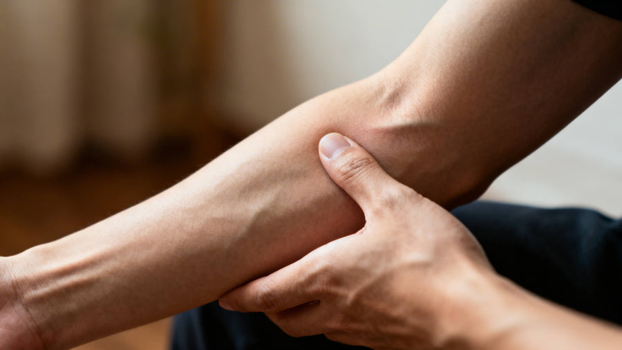 A close-up of a hand pressing on a sore muscle showing the tenderness and inflammation that comes from being really sore from working out after an intense training session.