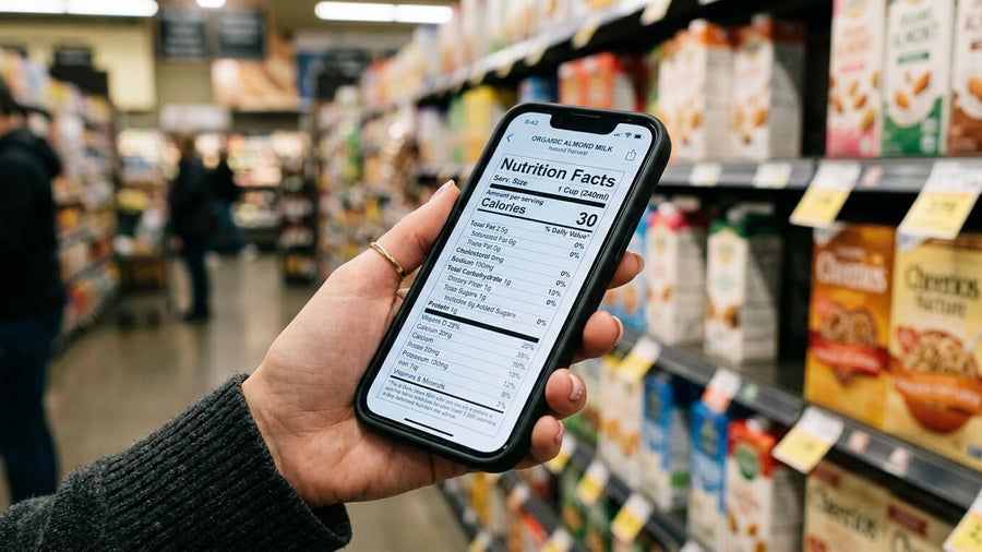 A person's hand holding a phone showing a nutrition facts label in a grocery store aisle representing the label checking process for determining is protein ice cream healthy based on actual protein and sugar content.