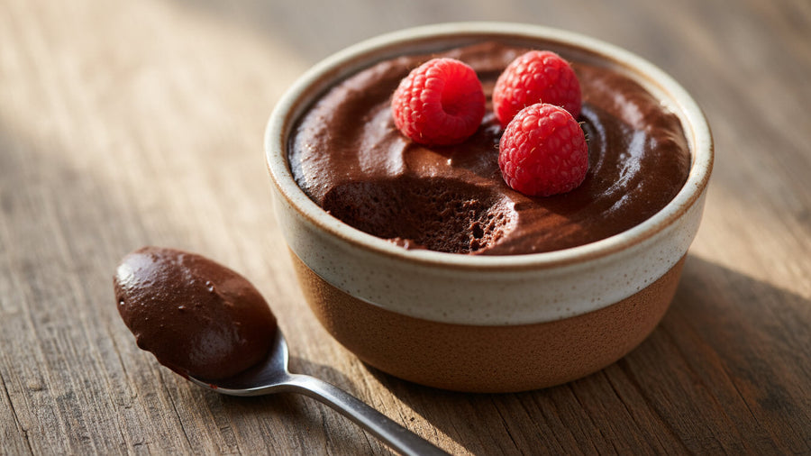 A ceramic bowl of thick dark chocolate protein mousse topped with fresh raspberries on a wooden surface representing one of the most satisfying high protein dessert ideas that actually tastes indulgent.