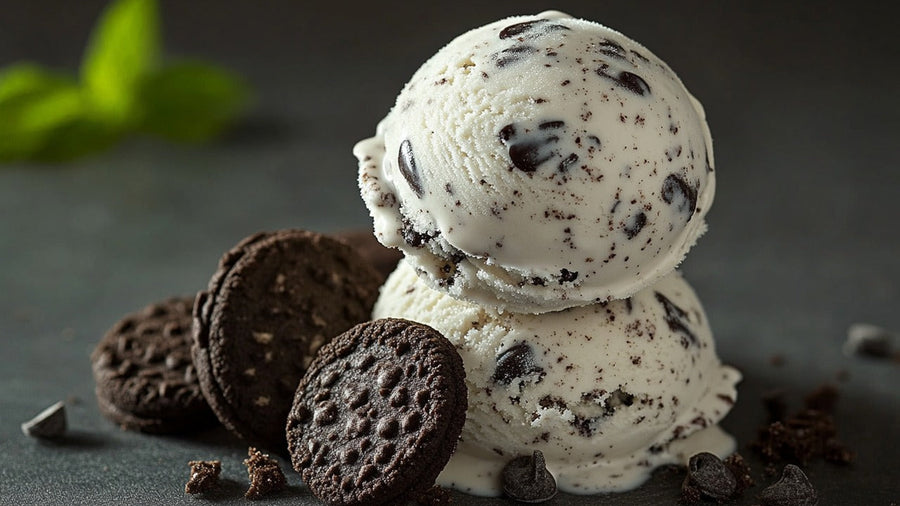 Two scoops of protein ice cream ninja creami style with crushed chocolate cookies mixed in, surrounded by whole sandwich cookies and chocolate chips on a dark surface.