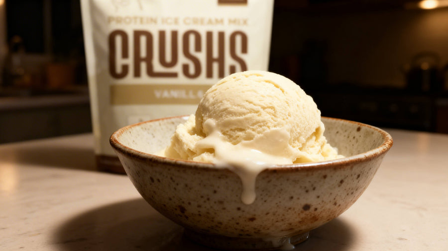 A creamy scoop of vanilla protein ice cream in a speckled ceramic bowl with a CRUSHS Protein Ice Cream Mix bag clearly visible behind it representing the most satisfying bedtime protein snack on the list.