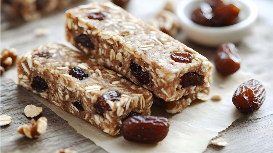 Oat and date bars with raisins and nuts on a wooden surface.