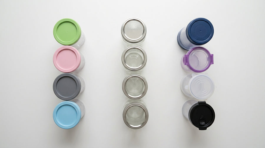 Different Ninja Creami container options including official pints, mason jars, and third-party containers on a white surface, representing container choices for Ninja Creami weekly prep.